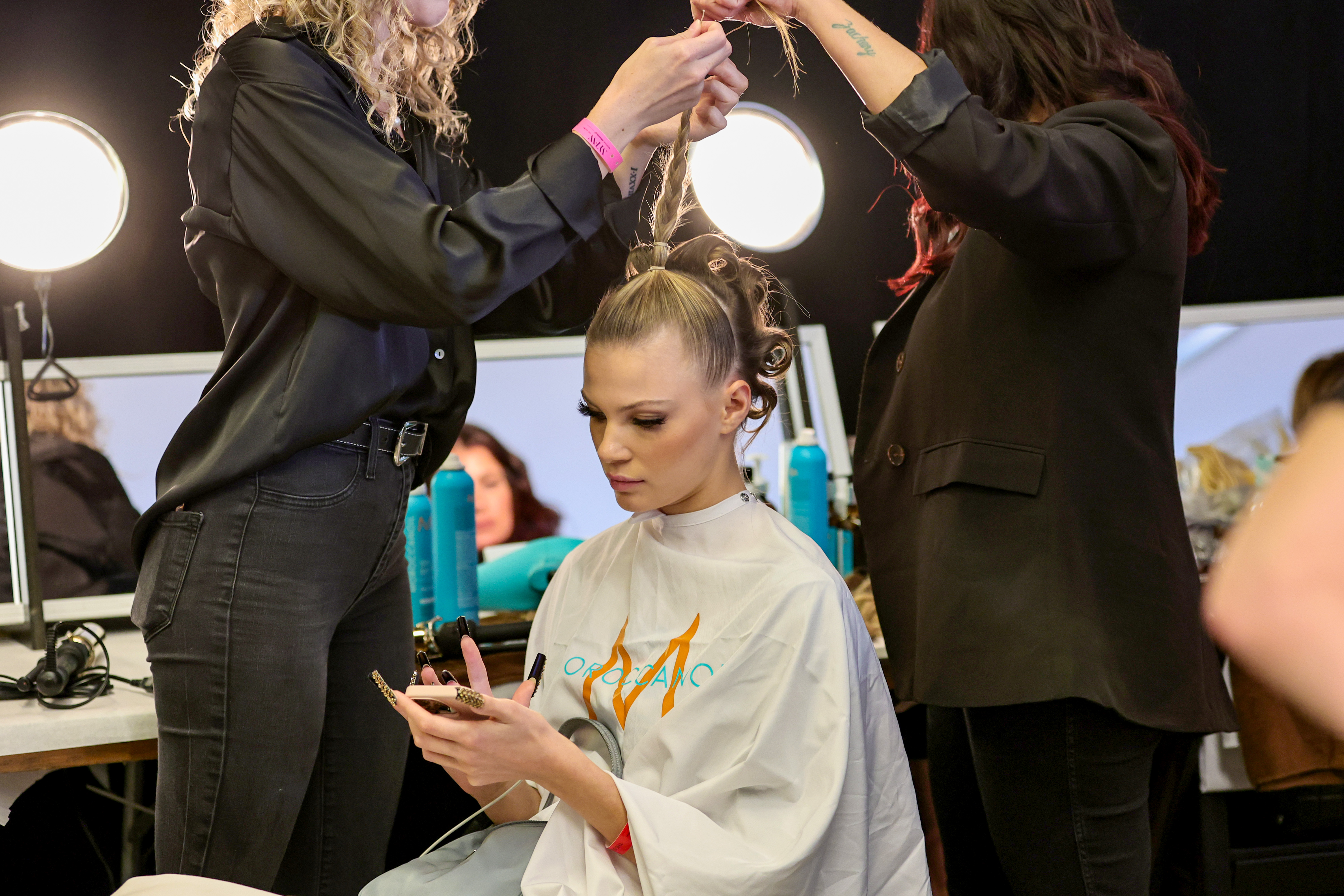 A model prepares backstage for The Blonds fashion show during September 2022 New York Fashion Week: The Shows at Gallery at Spring Studios on September 14, 2022 in New York City.